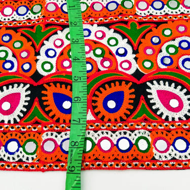 Black Cotton Fabric Trim with Multicolor Embroidery and Real Mirror, Kutch Embroidery Trim, Paisley Decorative Border